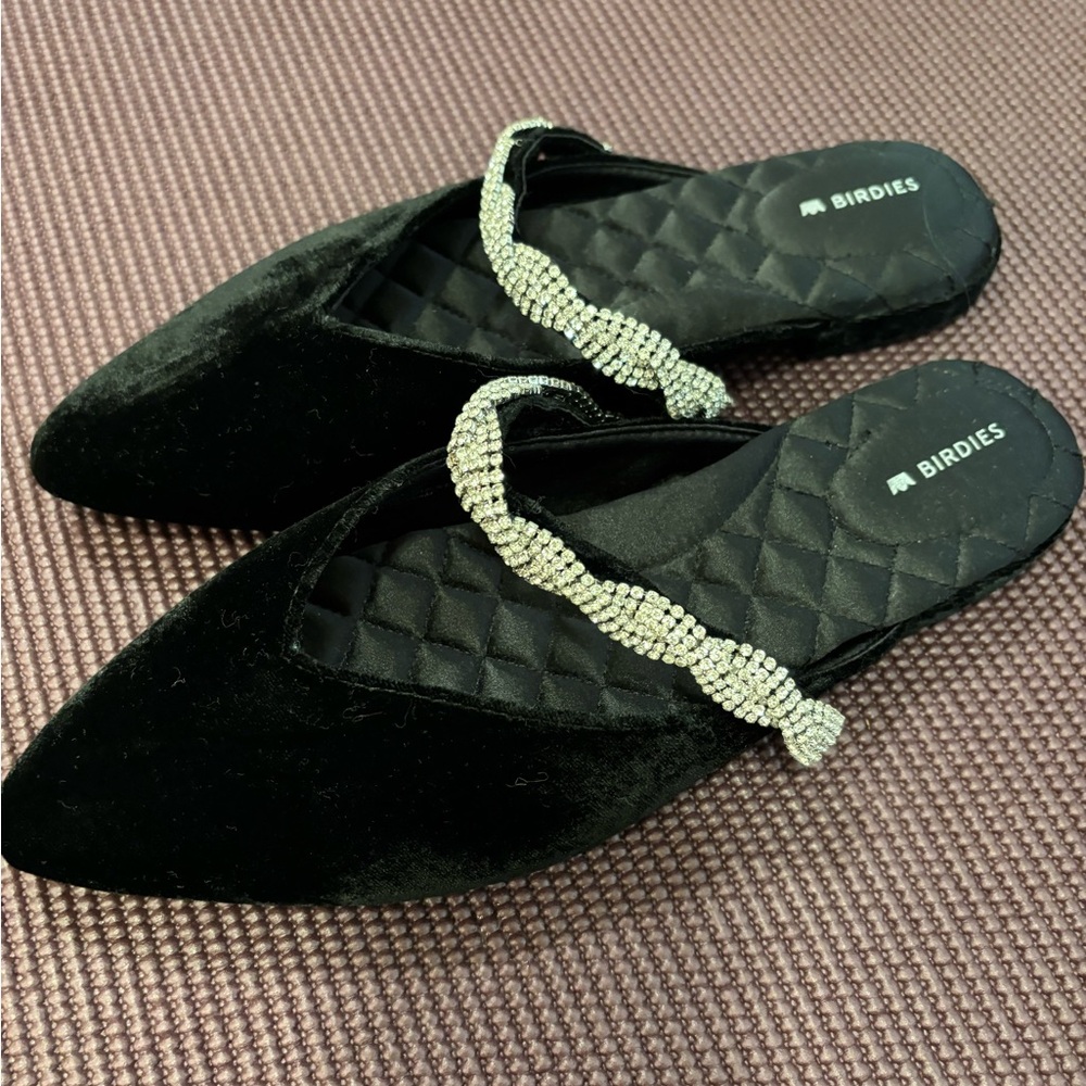 Birdies Black Velvet Pointed Mules with Rhinestone Strap - Picture 3 of 3